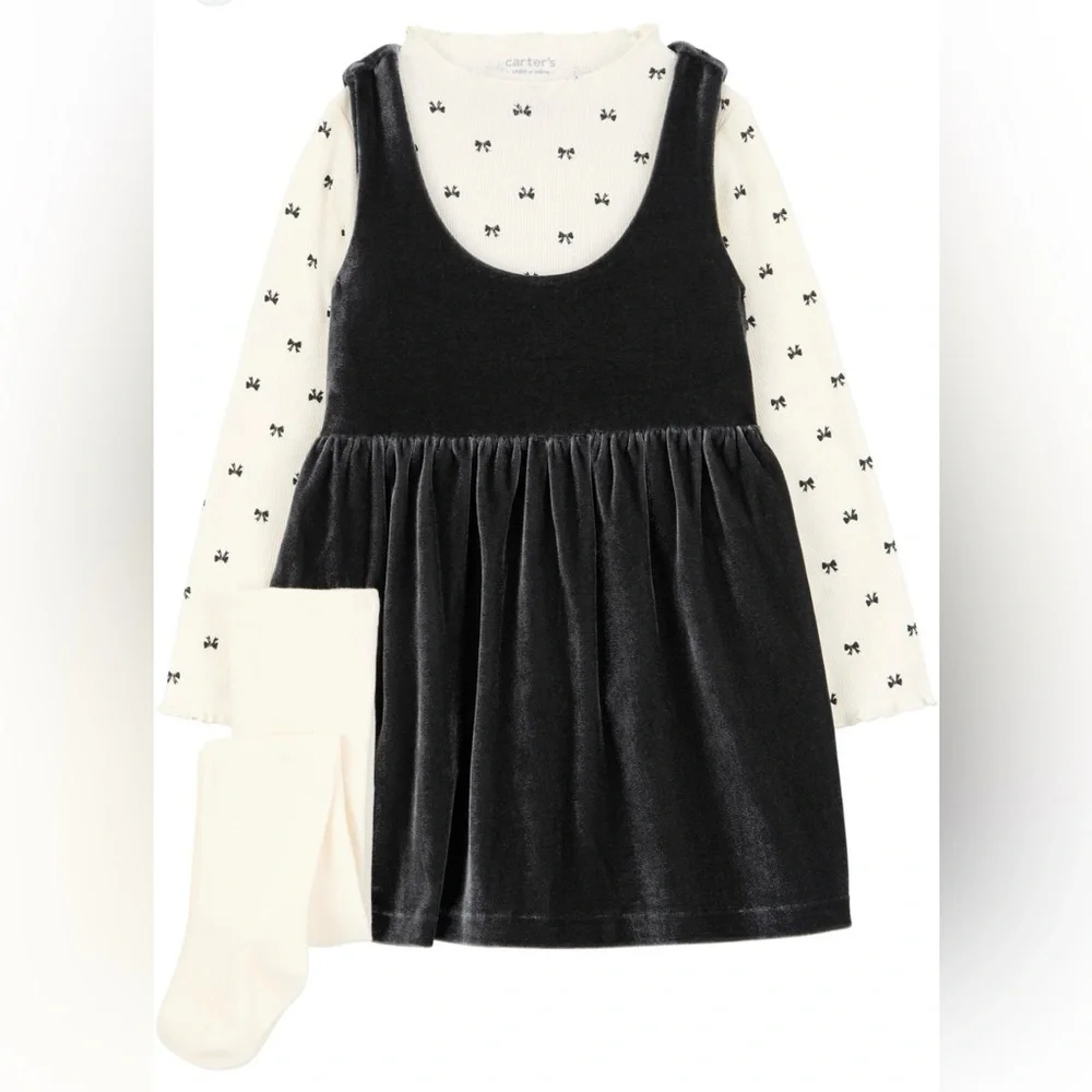 Carter’s Adorable Black Dress With White Long Sleeve Toddler Girl Set 3 Pieces